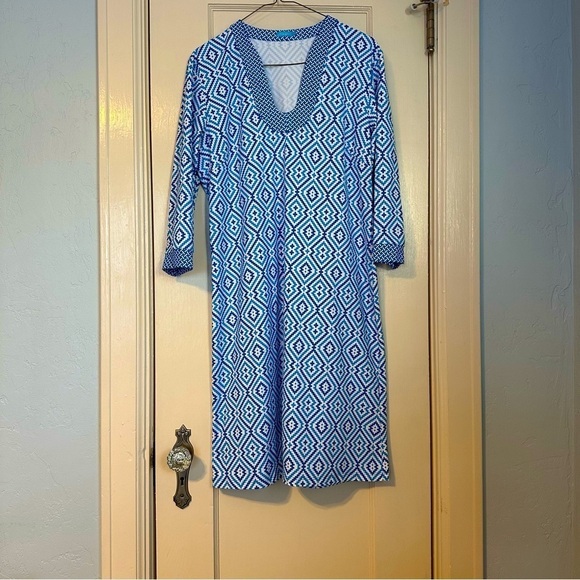 J. McLaughlin Dress Catalina Nylon Cloth Aztec Blue & White Beachy Coastal Sz L - Picture 4 of 14